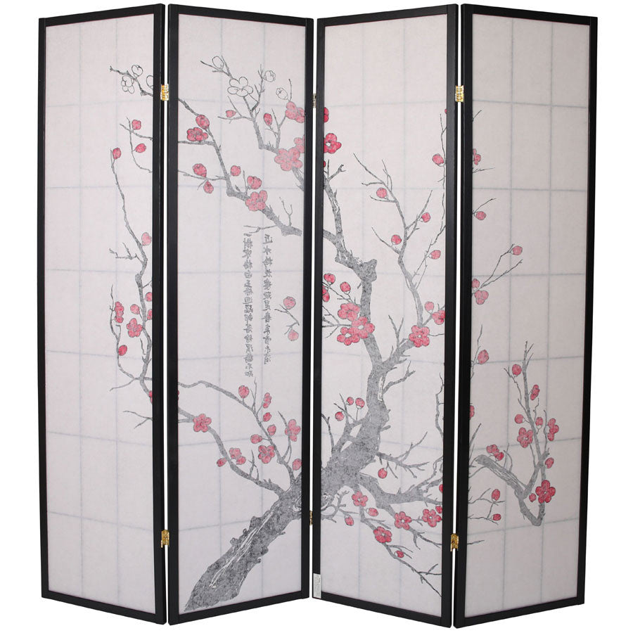 Room Divider 4 Panel Plum Blossom Design Black Color