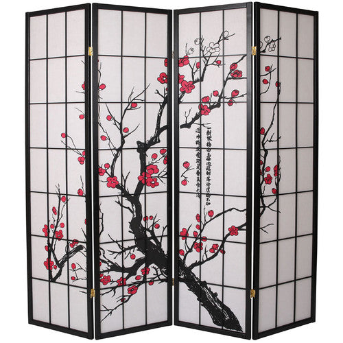Room Divider 4 Panel Plum Blossom Design Black Color