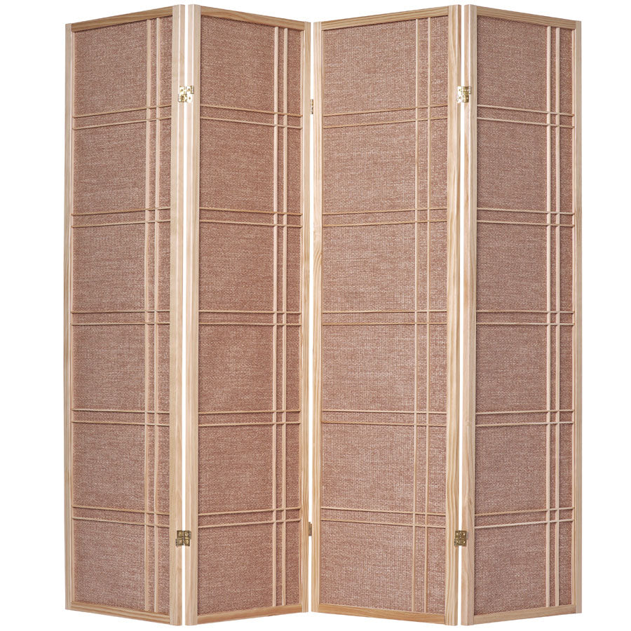 Room Divider 4 Panel Fabric In-lay Wooden Screen Natural Finish