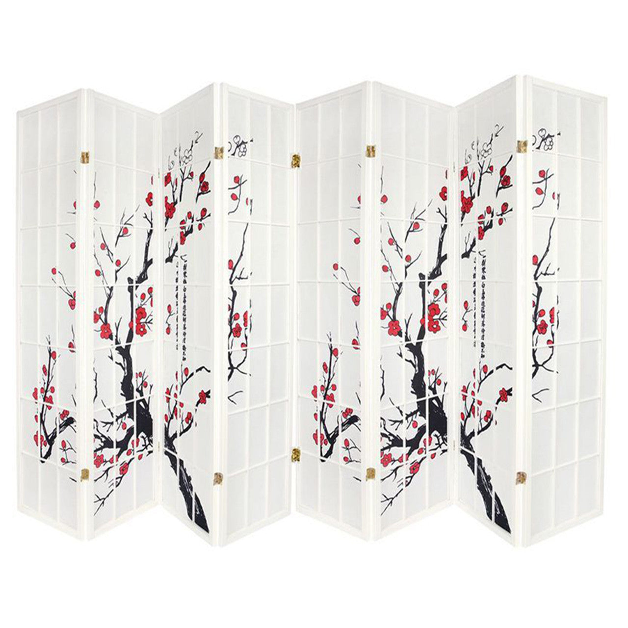 Room Divider 4, 6, or 8 Panels Red Blossom Design White Color