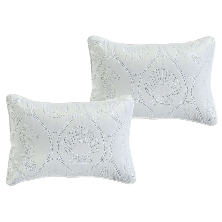 3 PC Shell & Seahorse Stitched Pinsonic Reversible Oversized Bedspread Blue Color