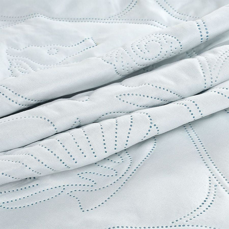 3 PC Shell & Seahorse Stitched Pinsonic Reversible Oversized Bedspread Blue Color