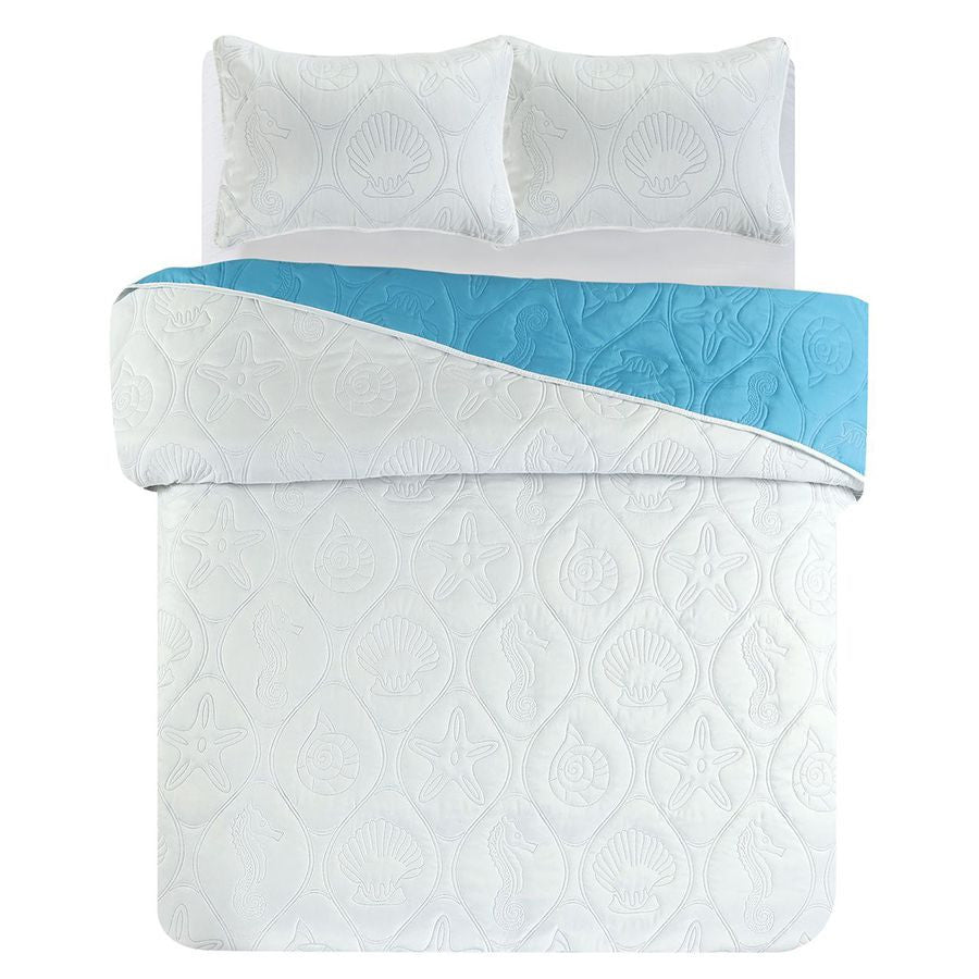 3 PC Shell & Seahorse Stitched Pinsonic Reversible Oversized Bedspread Blue Color