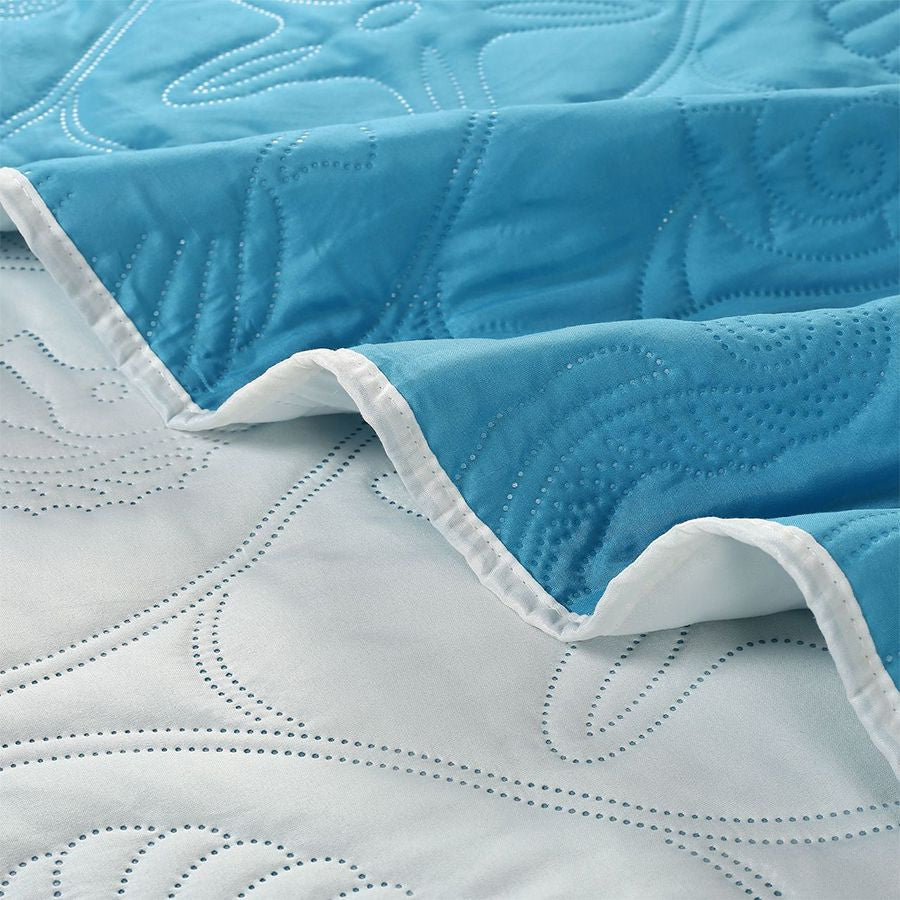 3 PC Shell & Seahorse Stitched Pinsonic Reversible Oversized Bedspread Blue Color