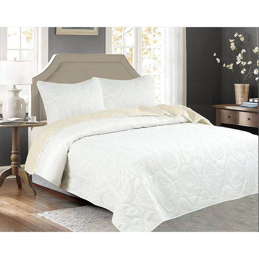 3 PC Shell & Seahorse Stitched Pinsonic Reversible Oversized Bedspread White Color