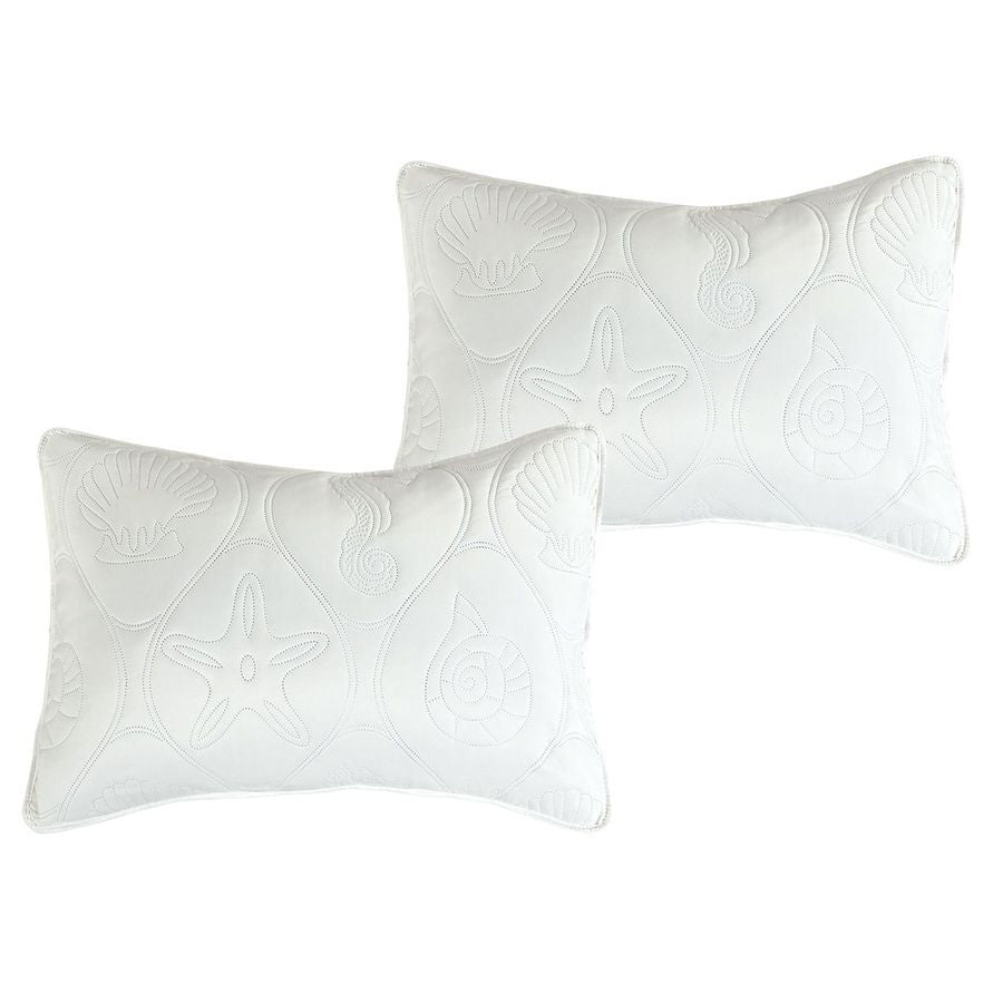 3 PC Shell & Seahorse Stitched Pinsonic Reversible Oversized Bedspread White Color