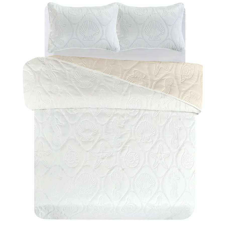3 PC Shell & Seahorse Stitched Pinsonic Reversible Oversized Bedspread White Color