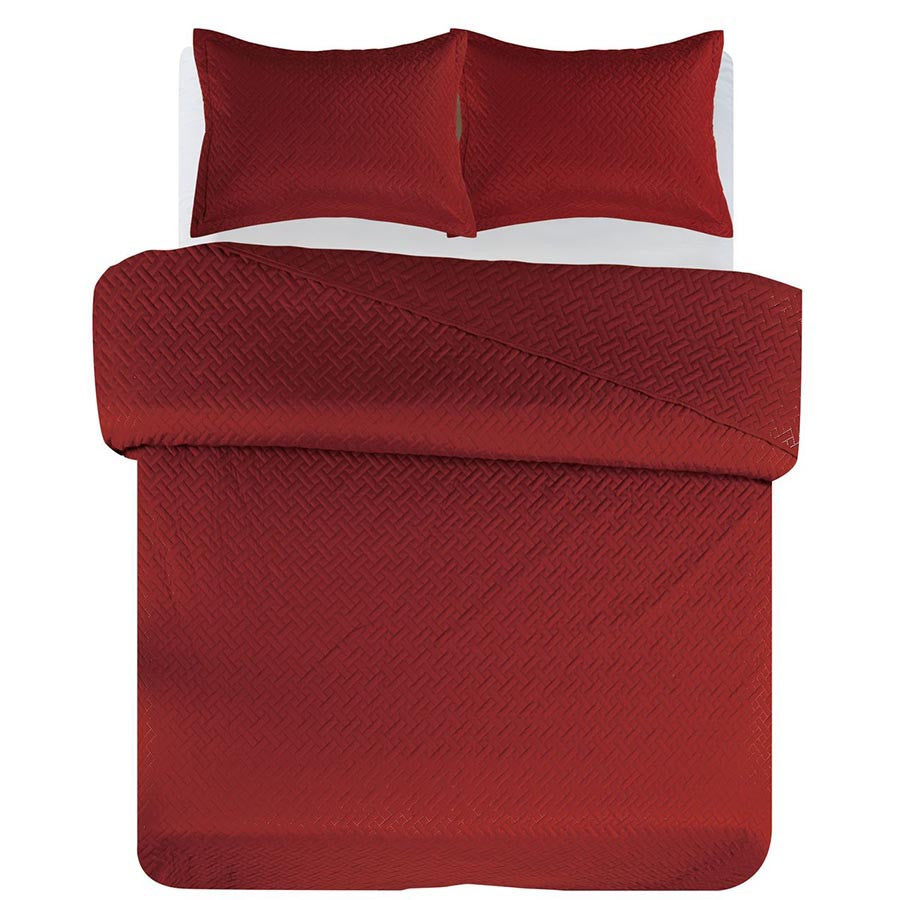 3 PC Squared Stitched Pinsonic Reversible Oversized Bedspread Brick Color
