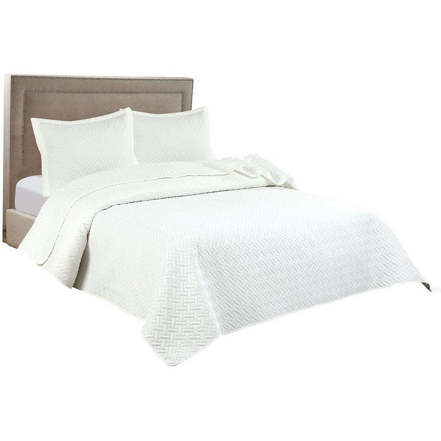3 PCS Squared Stitched Pinsonic Reversible Oversized Bedspread White Color