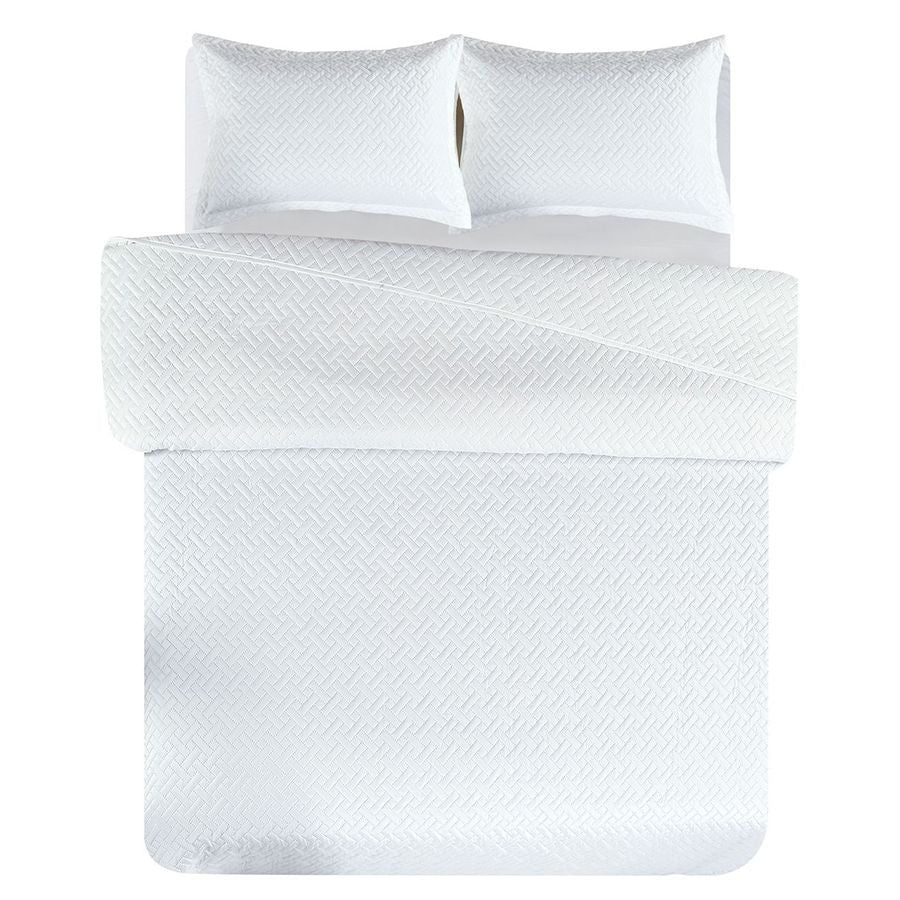3 PCS Squared Stitched Pinsonic Reversible Oversized Bedspread White Color