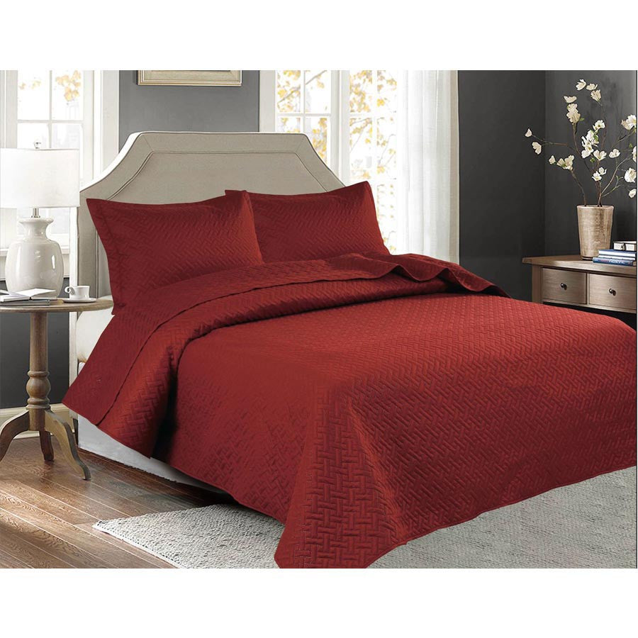 3 PC Squared Stitched Pinsonic Reversible Oversized Bedspread Brick Color
