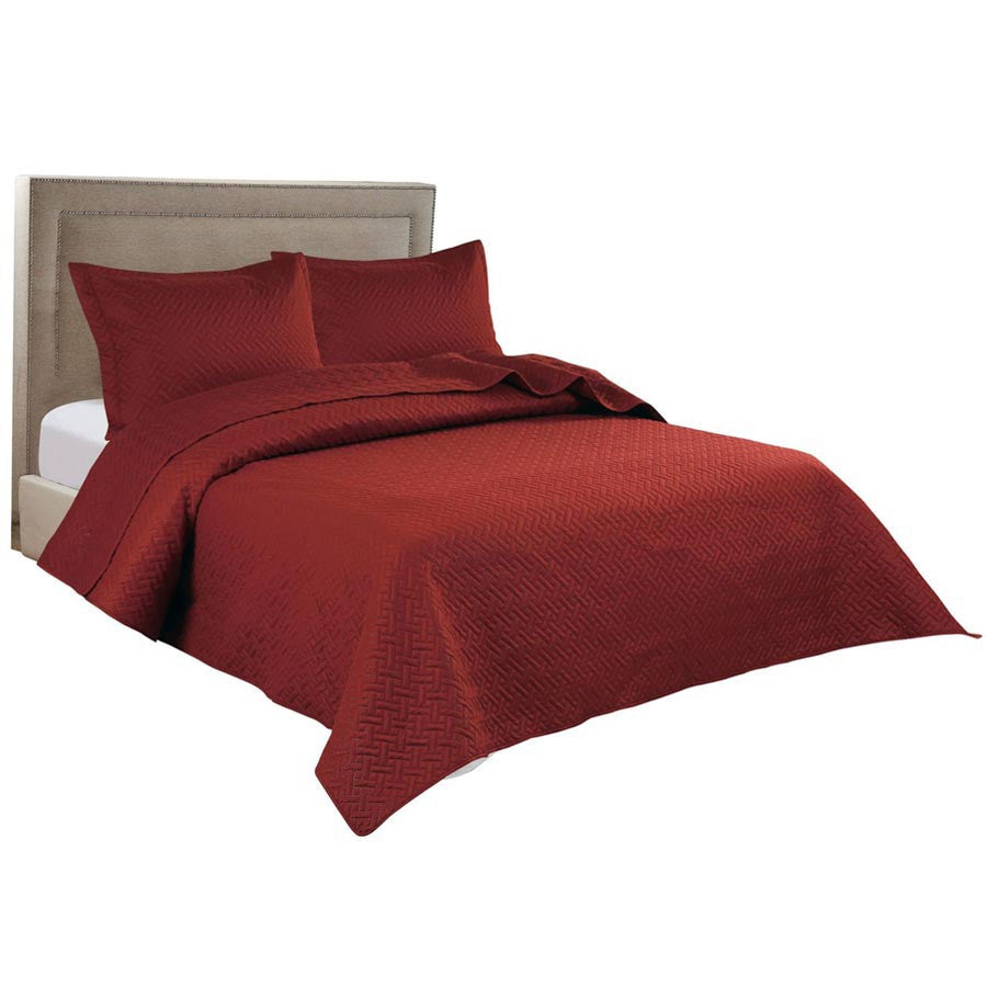 3 PC Squared Stitched Pinsonic Reversible Oversized Bedspread Brick Color