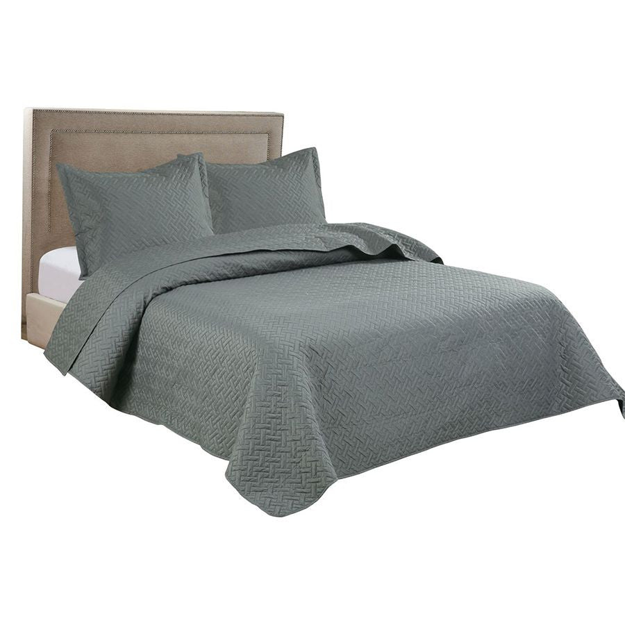 3 PC Squared Stitched Pinsonic Reversible Oversized Bedspread Grey