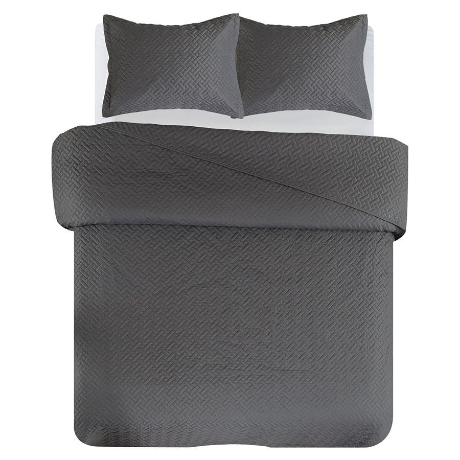 3 PC Squared Stitched Pinsonic Reversible Oversized Bedspread Grey