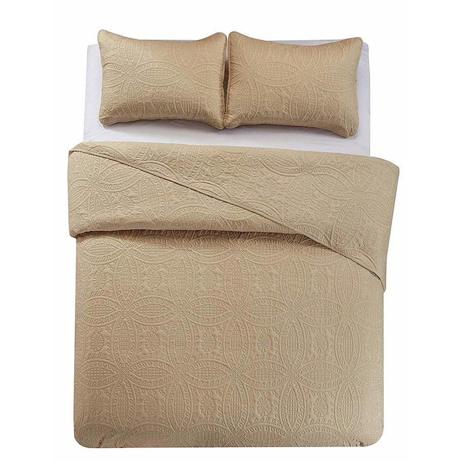 3 Pc Oversized Bedspread Coverlet Set Beige Color