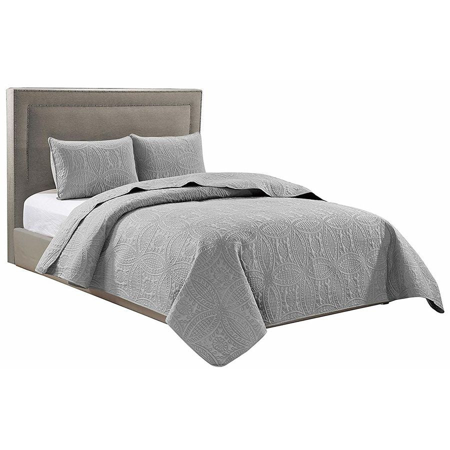 3 Pc Oversized Bedspread Coverlet Set Grey Color