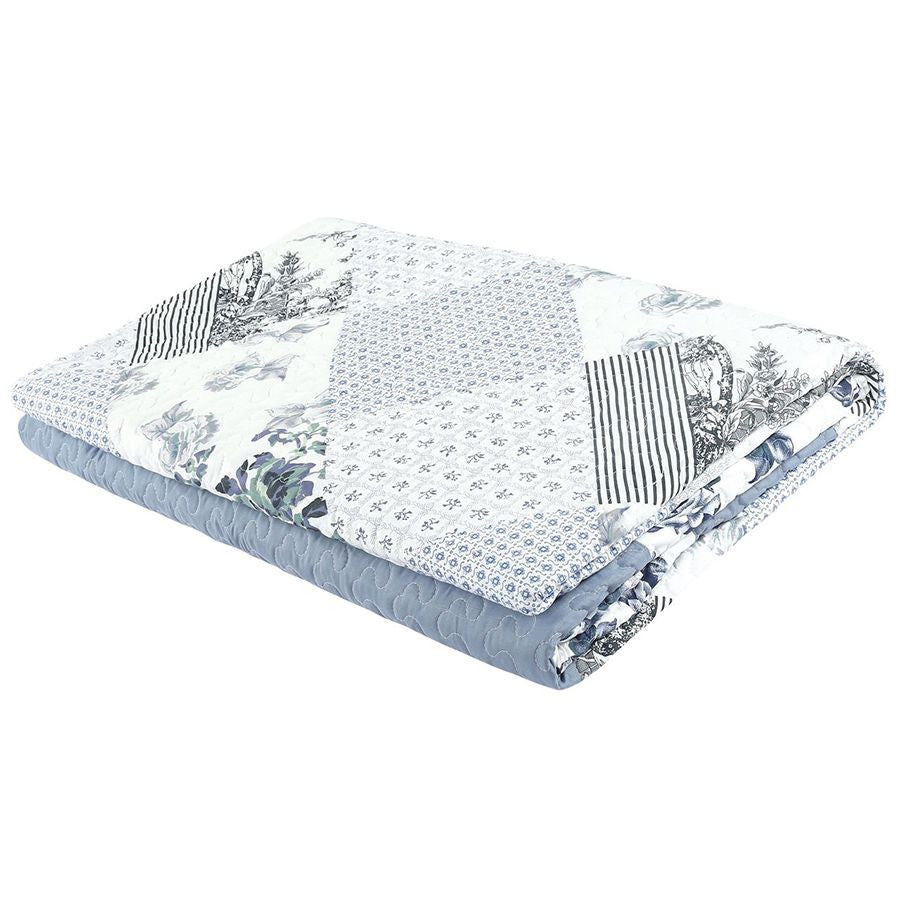 3-Pc Quilt Bedspread Coverlet Blue White Floral Patchwork Design