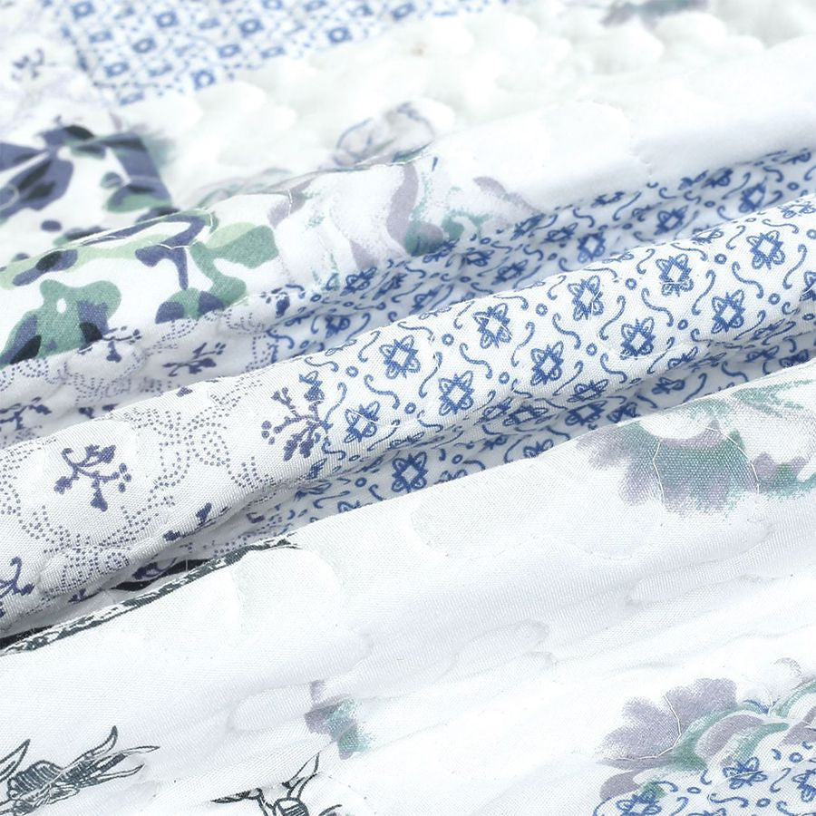 3-Pc Quilt Bedspread Coverlet Blue White Floral Patchwork Design