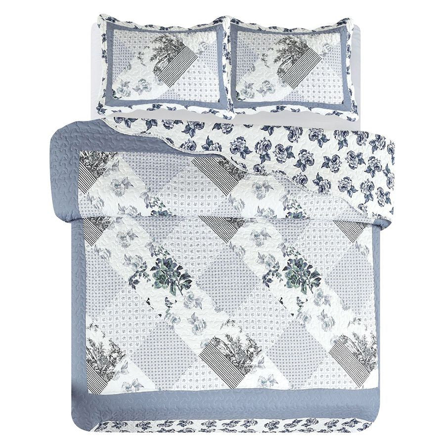 3-Pc Quilt Bedspread Coverlet Blue White Floral Patchwork Design