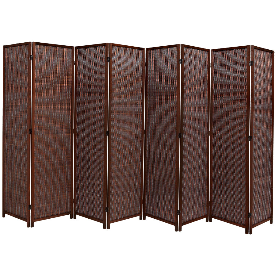 8 Panel Natural, Brown, Or Black Color Wood and Bamboo Weave Room Divider