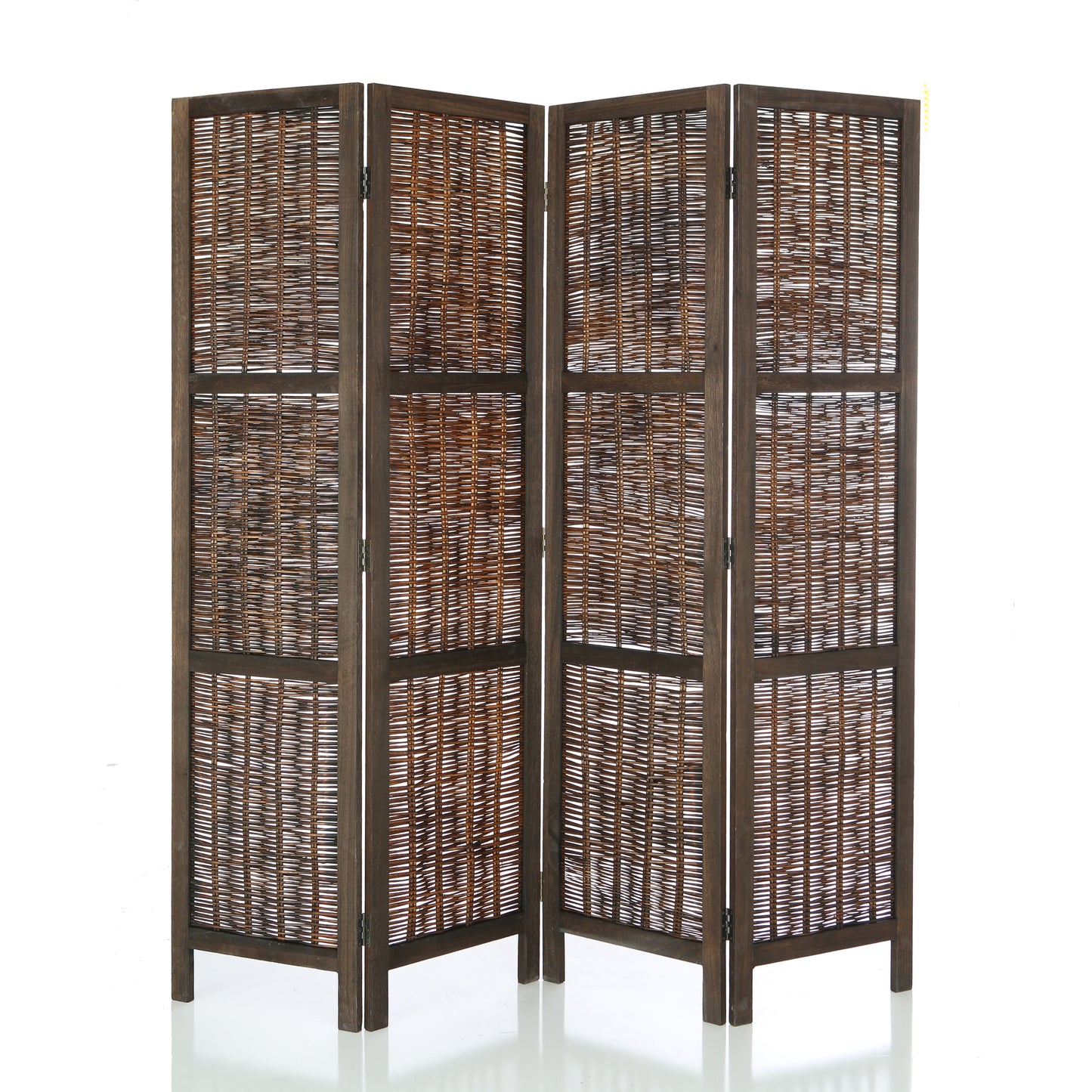 Room Divider 4 Panel Wood and Bamboo Weave Design Brown or White Color
