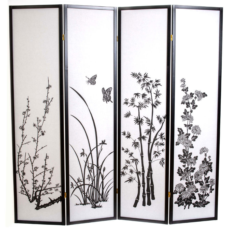 Room Divider 4-panel Bamboo Floral Print Black Frame