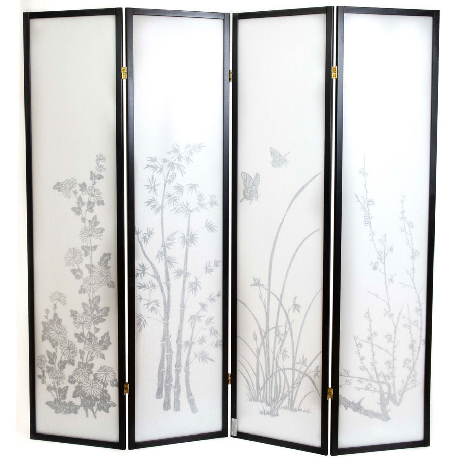 Room Divider 4-panel Bamboo Floral Print Black Frame