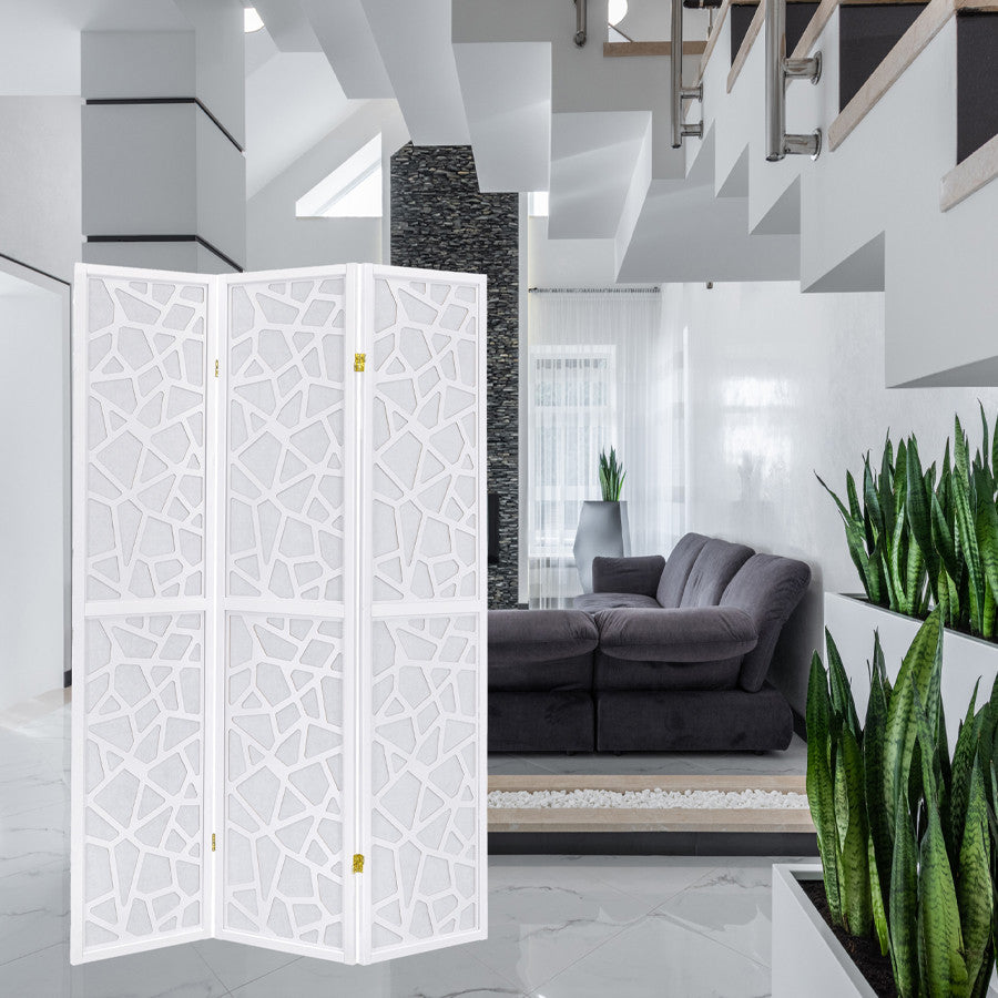 Room Divider Privacy Screen Panel with Mosaic Cuts White Color