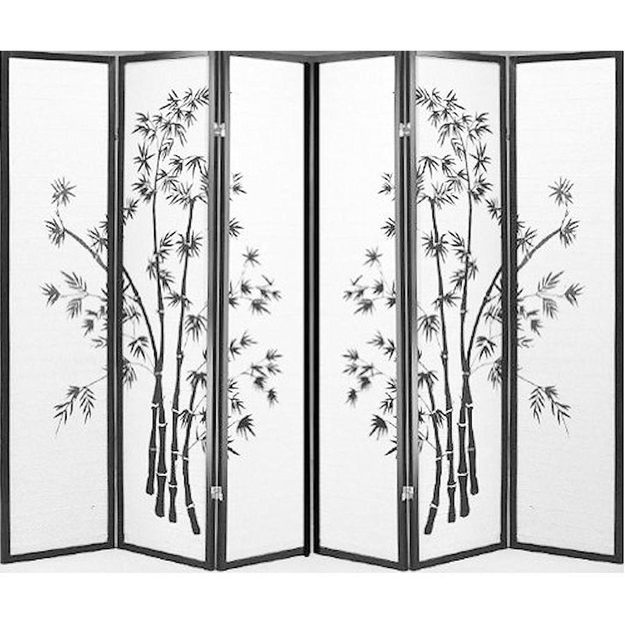6 Panel Black Framed Bamboo Print Room Divider