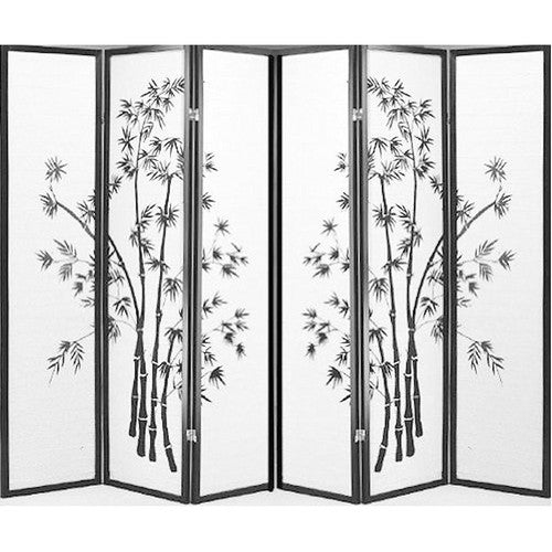 6 Panel Black Framed Bamboo Print Room Divider