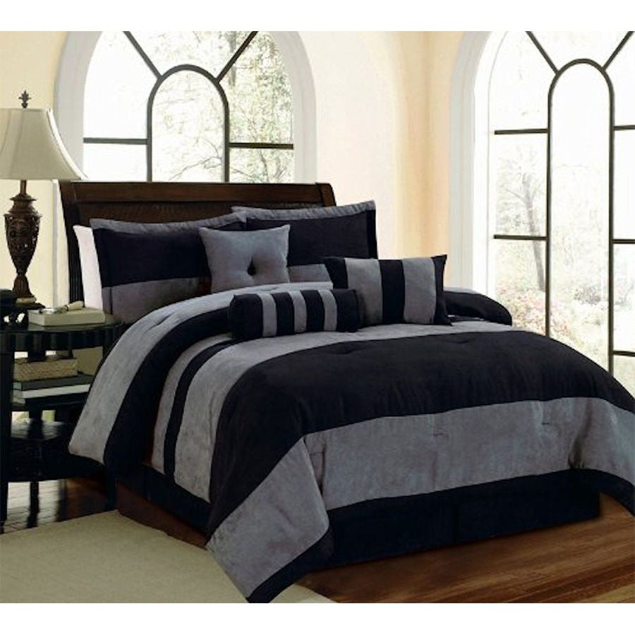 Black and Grey Micro Suede Striped Comforter Set