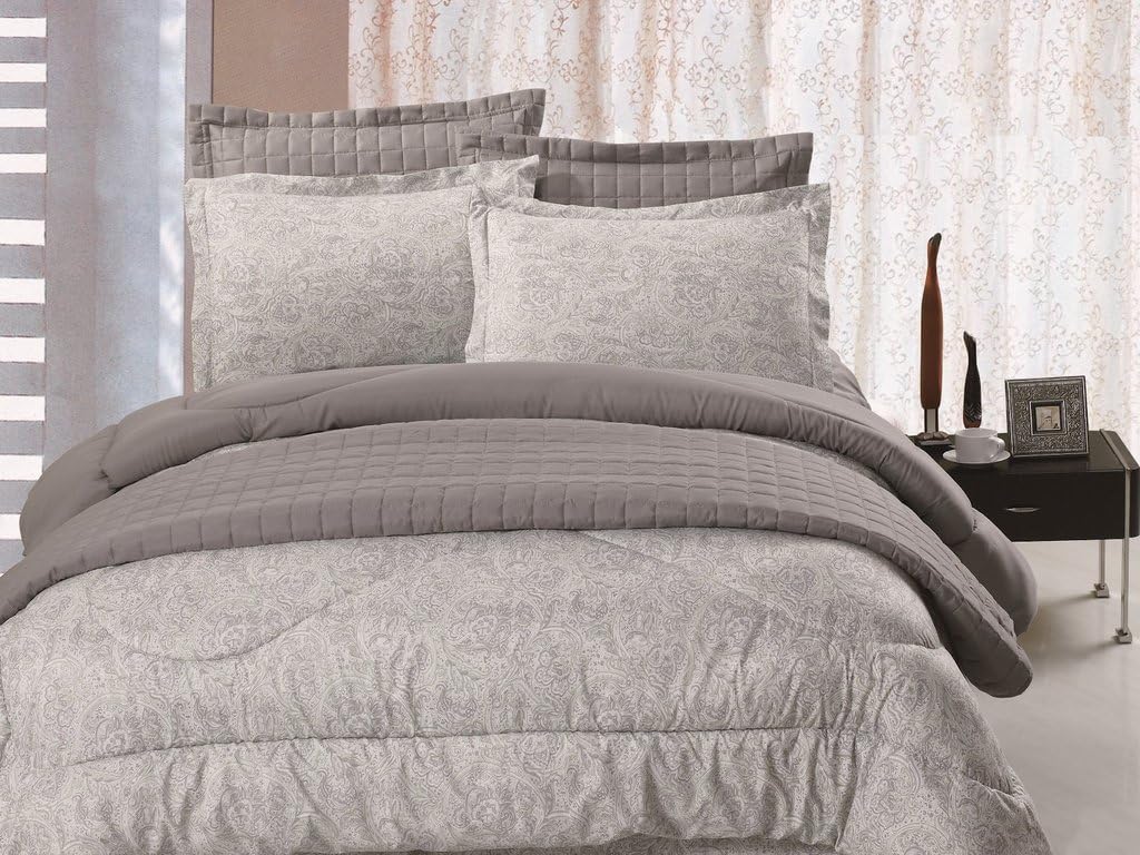 6 pc Microfiber Reversible Grey & Green Paisley Print Comforter Set Quilt Included Full / Queen