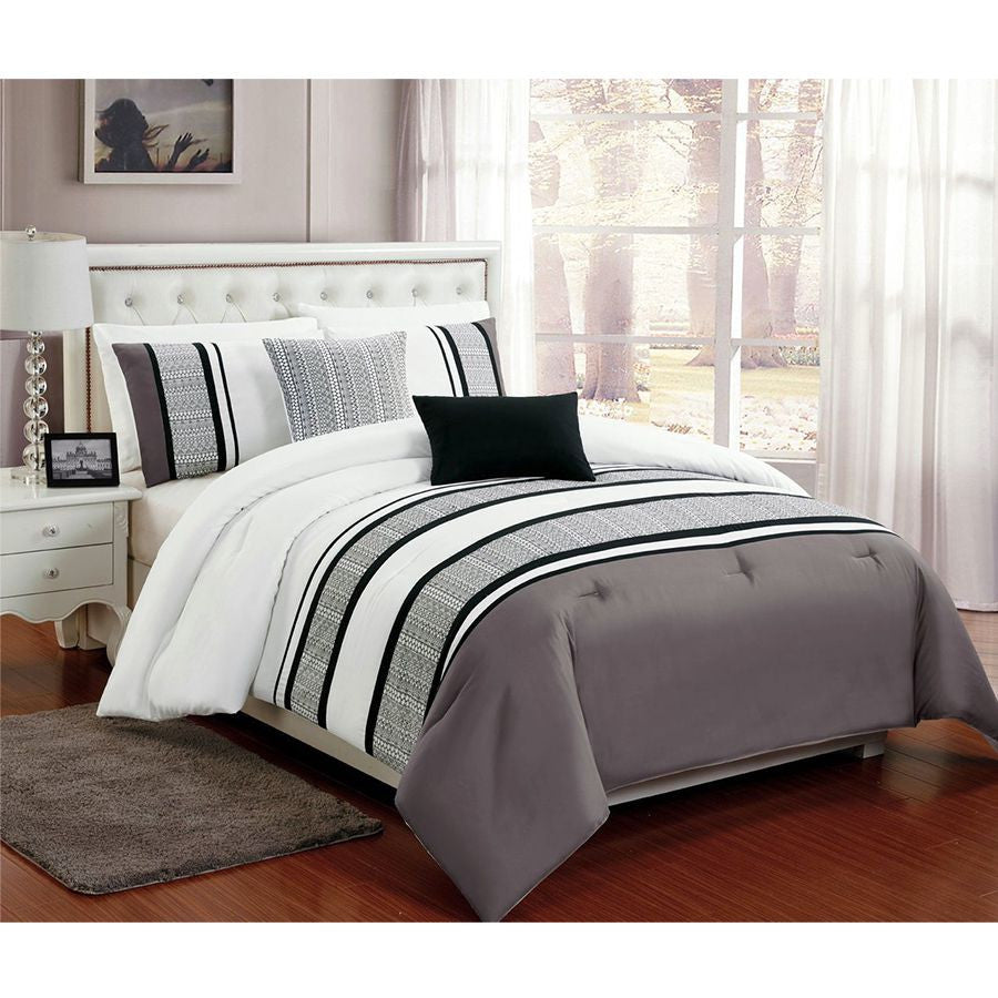 5 PC Grey White and Black Comforter Bedding Set Burnout Lace Design King Size