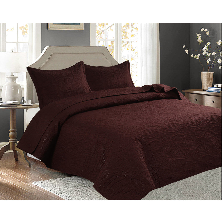 3 Pc Oversized Bedspread Coverlet Set Brown Color