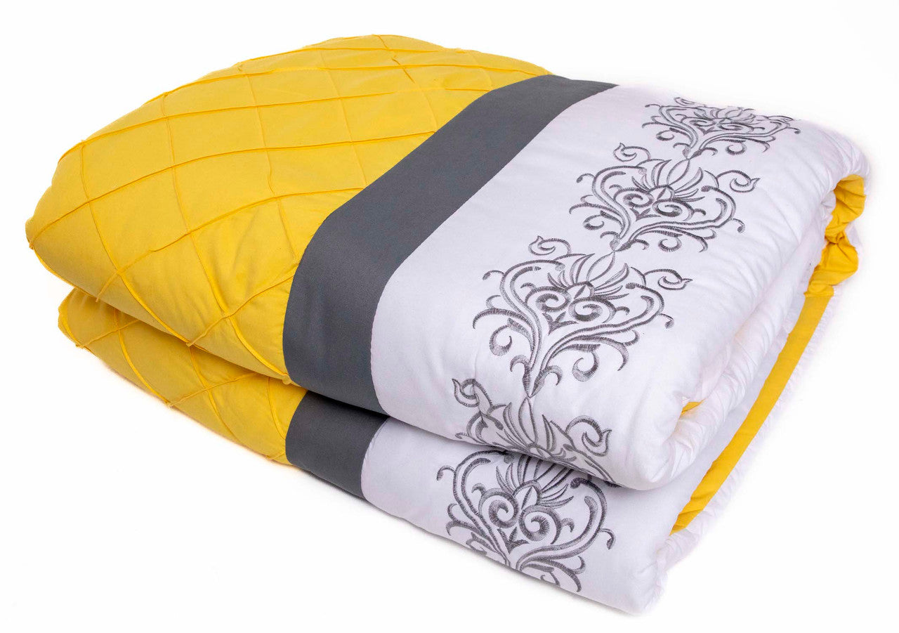Comforter Bedding Set Grey Yellow Striped with Embroidered Design