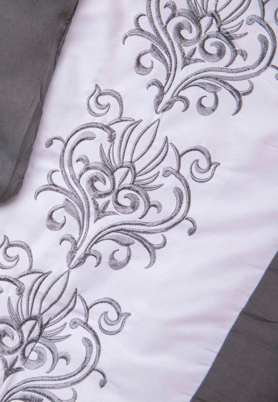 Comforter Bedding Set Grey Yellow Striped with Embroidered Design