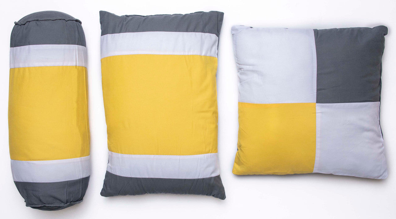 Comforter Bedding Set Grey Yellow Striped with Embroidered Design