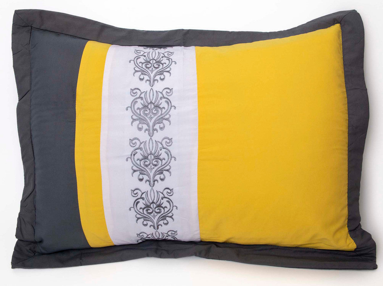 Comforter Bedding Set Grey Yellow Striped with Embroidered Design