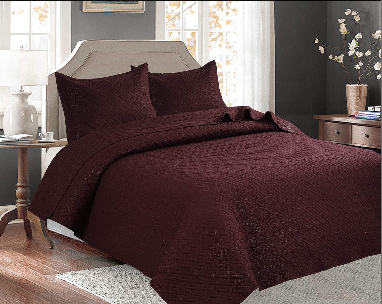3 PCS Stitched Pinsonic Reversible Oversized Bedspread Brown