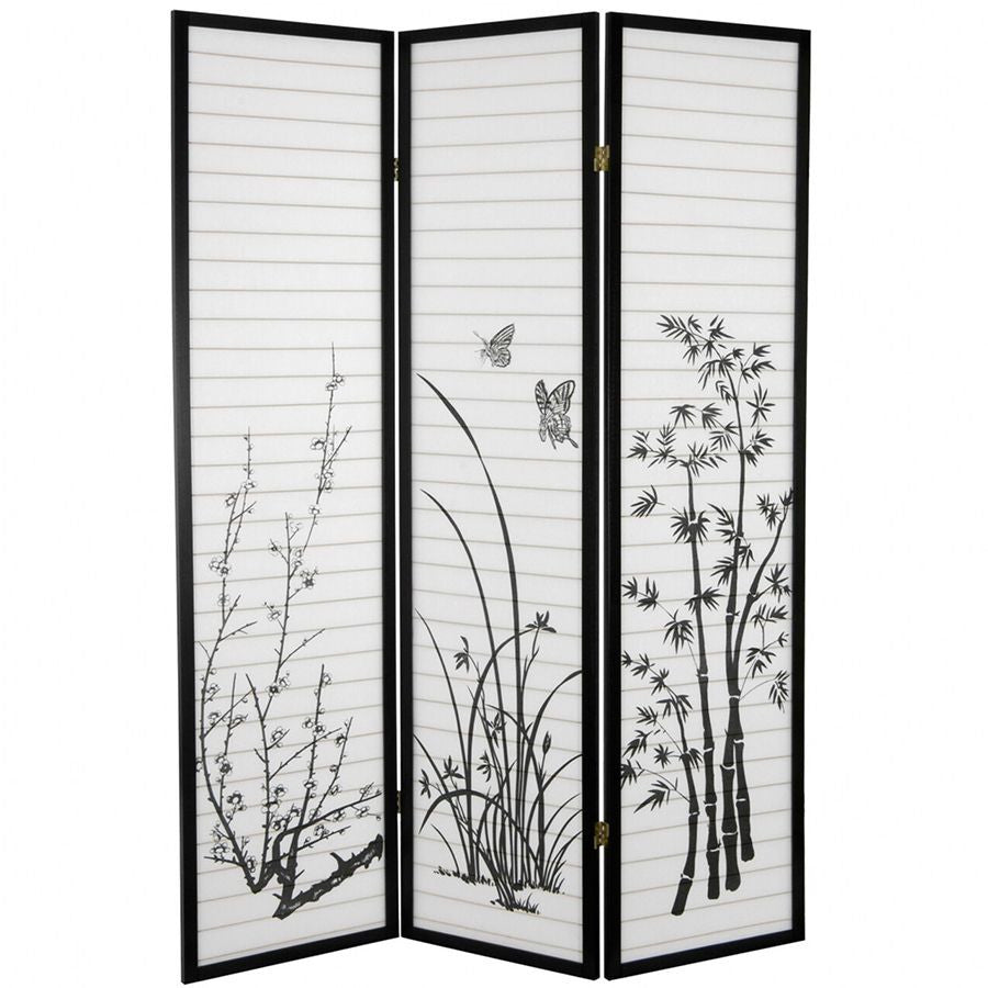 Room Divider 3 Panel Bamboo Floral Print Black Frame