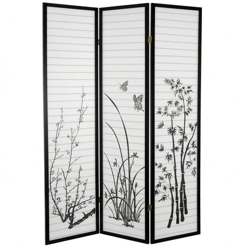 Room Divider 3 Panel Bamboo Floral Print Black Frame