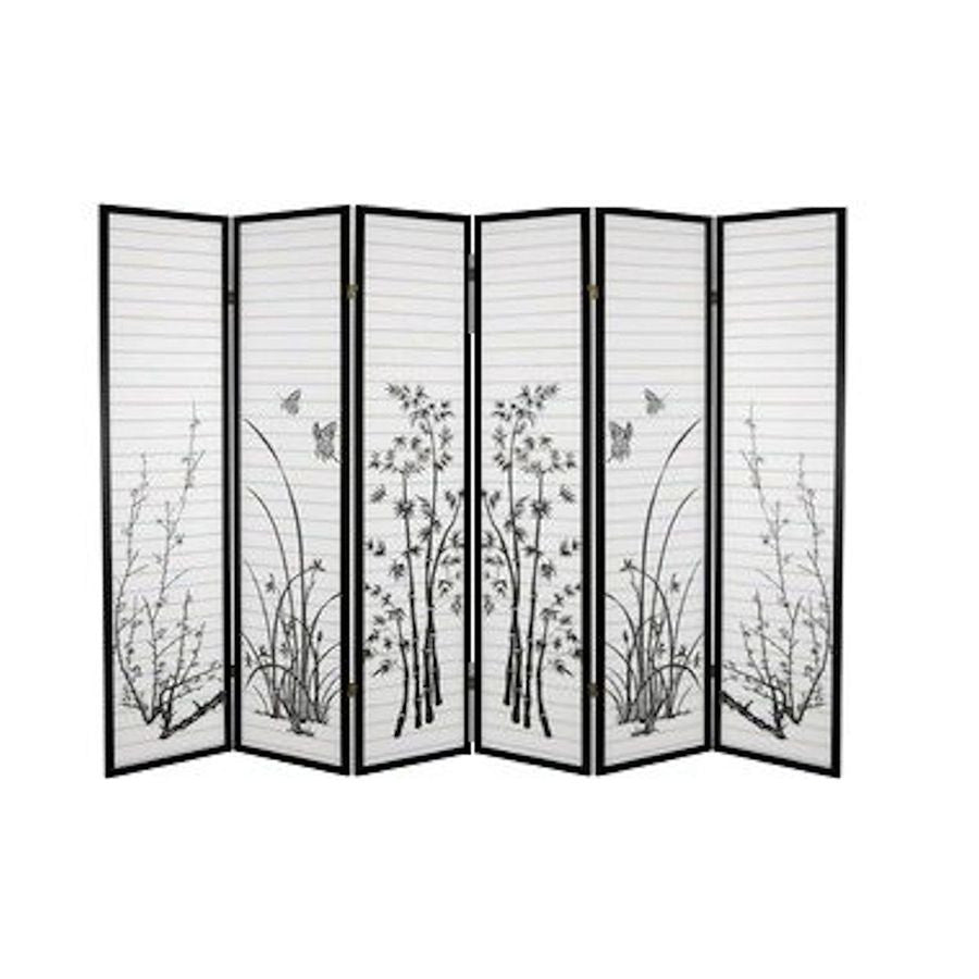 Room Divider 6 Panel Black Framed Floral Bamboo Print