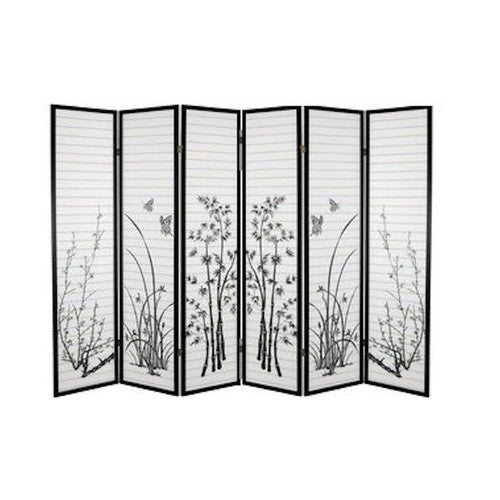 Room Divider 6 Panel Black Framed Floral Bamboo Print