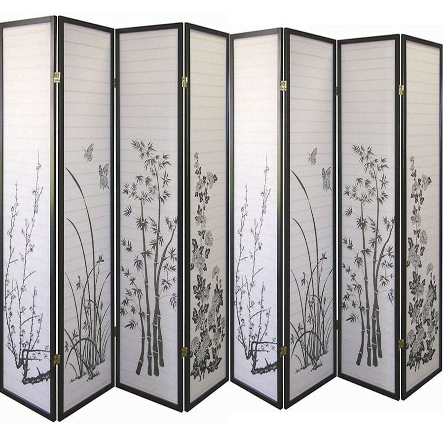 Room Divider 8 Panel Black Framed Floral Bamboo Print