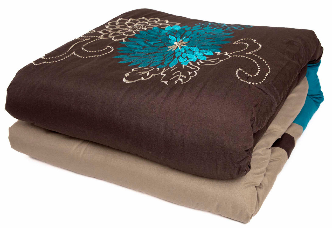 7 Pc Brown, Teal and Taupe Floral Striped Design Comforter set
