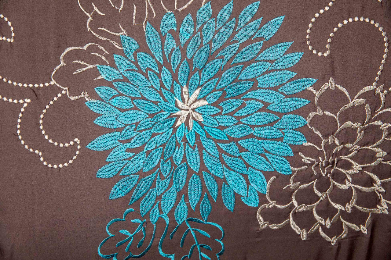 7 Pc Brown, Teal and Taupe Floral Striped Design Comforter set