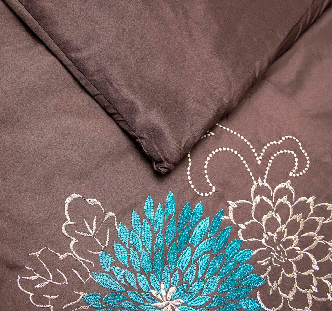 7 Pc Brown, Teal and Taupe Floral Striped Design Comforter set