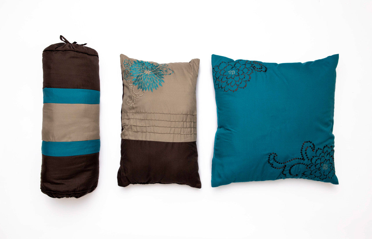 7 Pc Brown, Teal and Taupe Floral Striped Design Comforter set