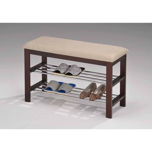 Walnut and Beige Wood Shoe Bench Vinyl Seat Cushion