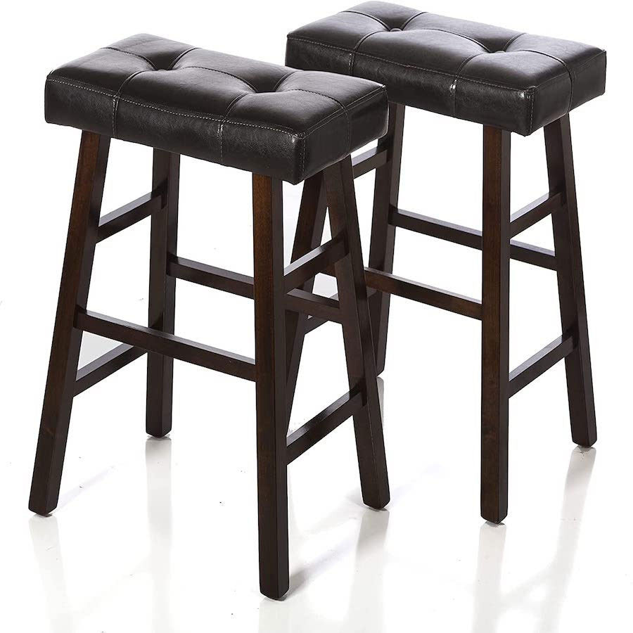 Set of 2 Counter or Bar height Stools Espresso Wood Tufted Faux Leather Finish